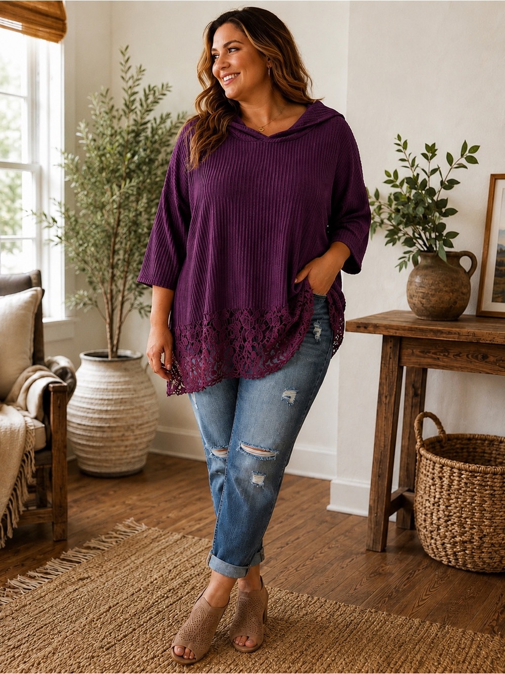 ONE WORLD | 3X Merlot Hoodie | Lace-Hem | Super Soft